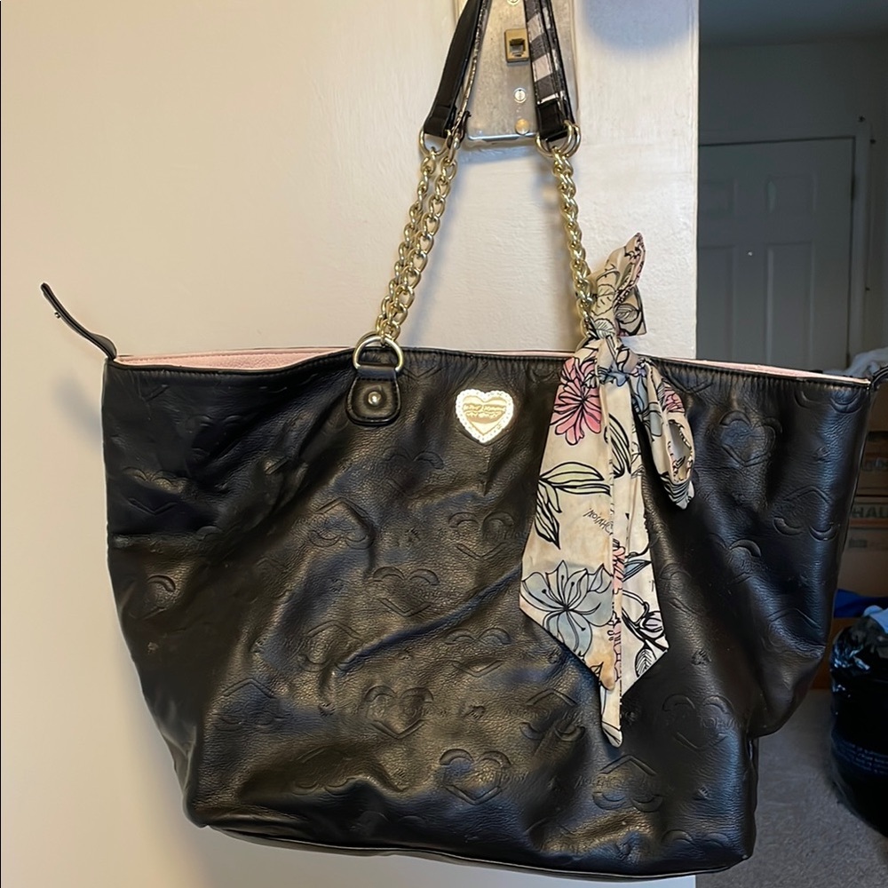 Black Leather Tote Bag with Gold Chain